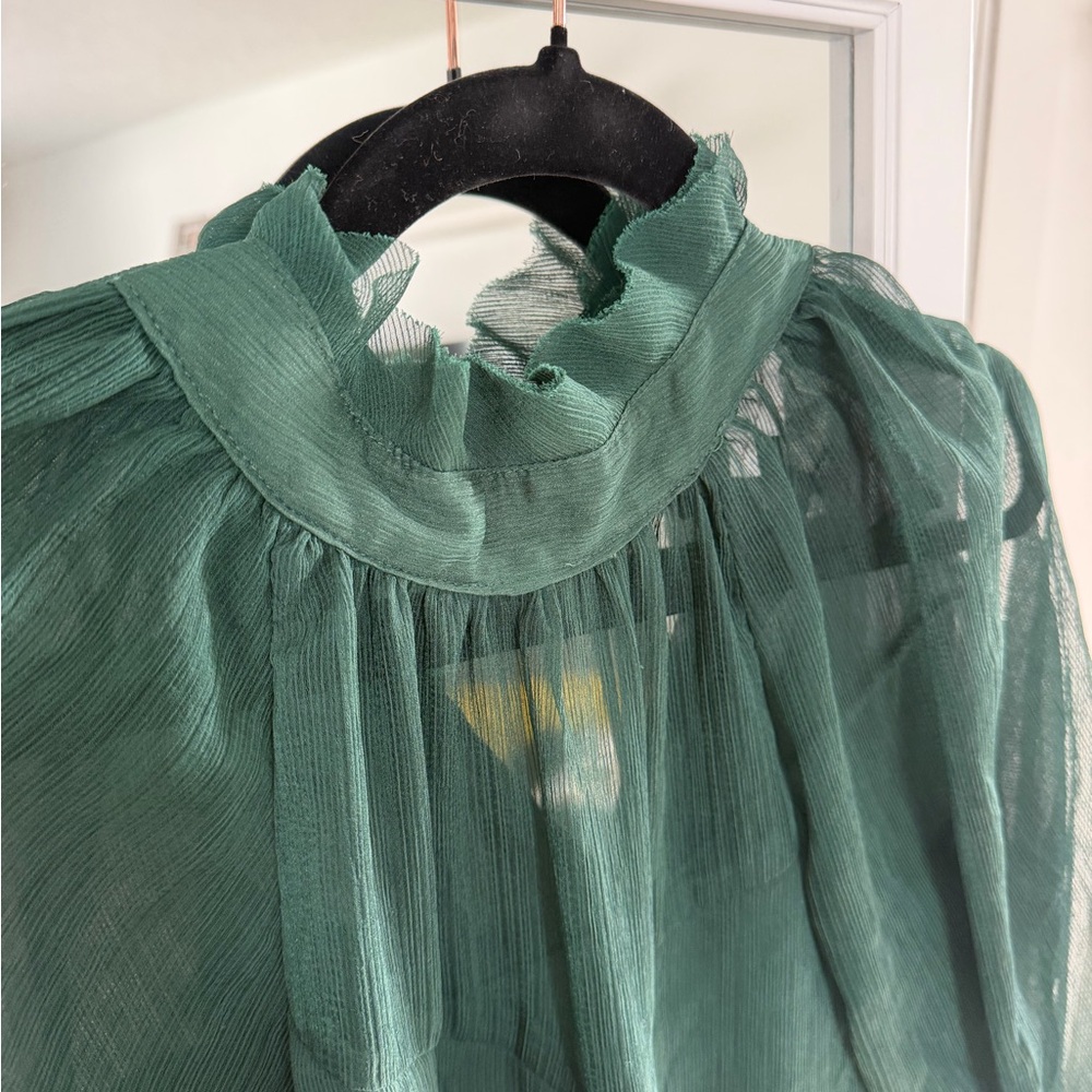 Sheer High-Neck Blouse in Forest Green - Picture 2 of 5